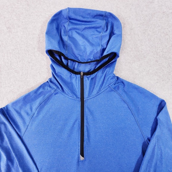 Prana Breathe Performance Hoodie Mens Medium Blue 1/4 Zip Pullover Thumb Holes - Picture 2 of 12